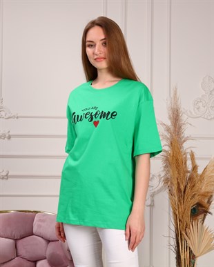 Marcoroni Awesome Baskılı Yeşil Kadın T-Shirt