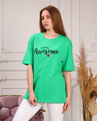 Marcoroni Awesome Baskılı Yeşil Kadın T-Shirt