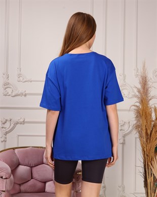 Marcoroni Give Up Baskılı Saks Mavi Kadın T-Shirt