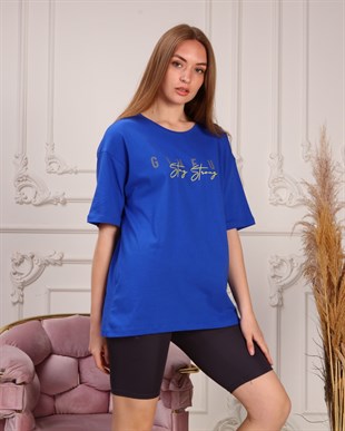 Marcoroni Give Up Baskılı Saks Mavi Kadın T-Shirt