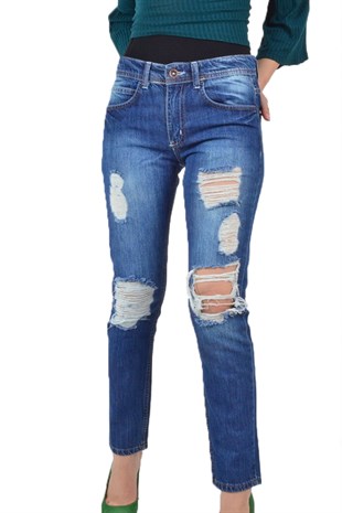 Yırtıklı Jeans Mavi Taşlama  Pantolon